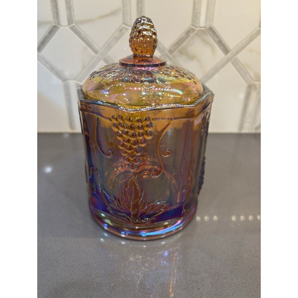 Vintage Indiana Carnival Marigold Glass Harvest Grape Container Jar w/Lid 7.5"H